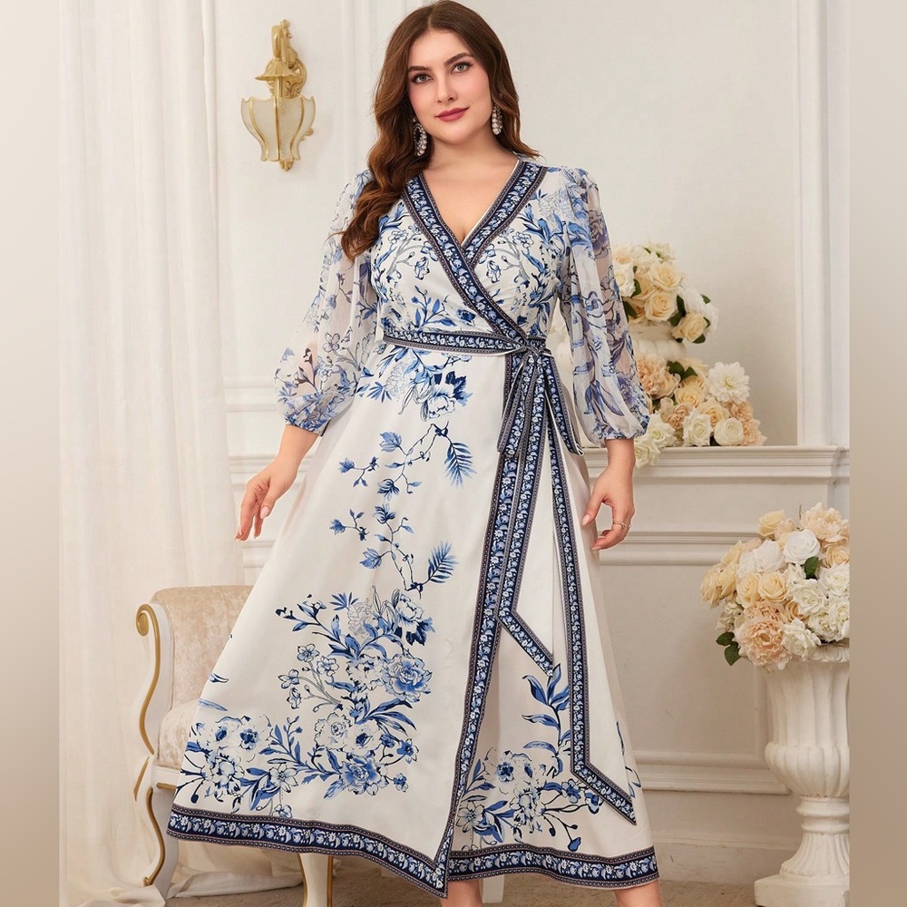 Women's Vintage Blue and White Floral Wrap Dress